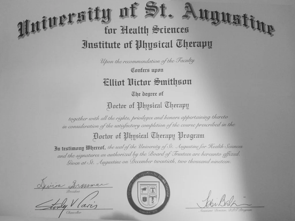 Dr. Elliot Smithson DPT diploma