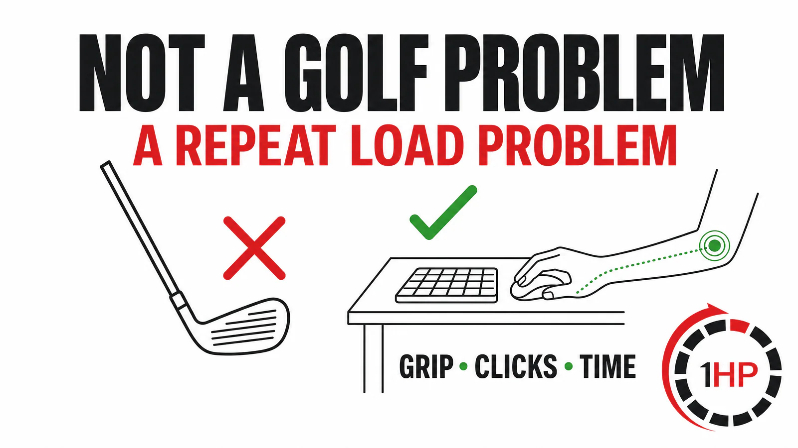 Computer-related golfer's elbow graphic showing a keyboard and mouse as potential repetitive forearm loads