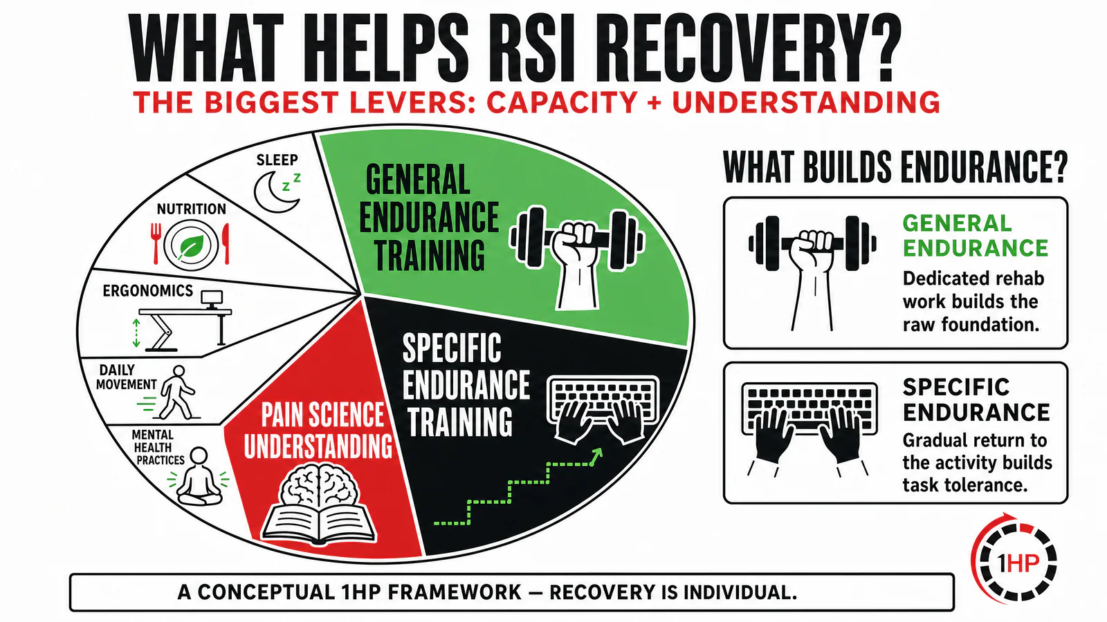 Repetitive strain injury recovery pie chart showing endurance training and pain science as major 1HP priorities