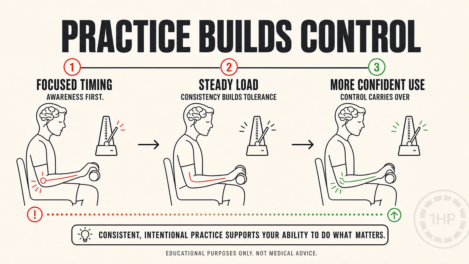 Mind-body approach to RSI recovery graphic showing focused practice, metronome-paced loading, and improving hand control