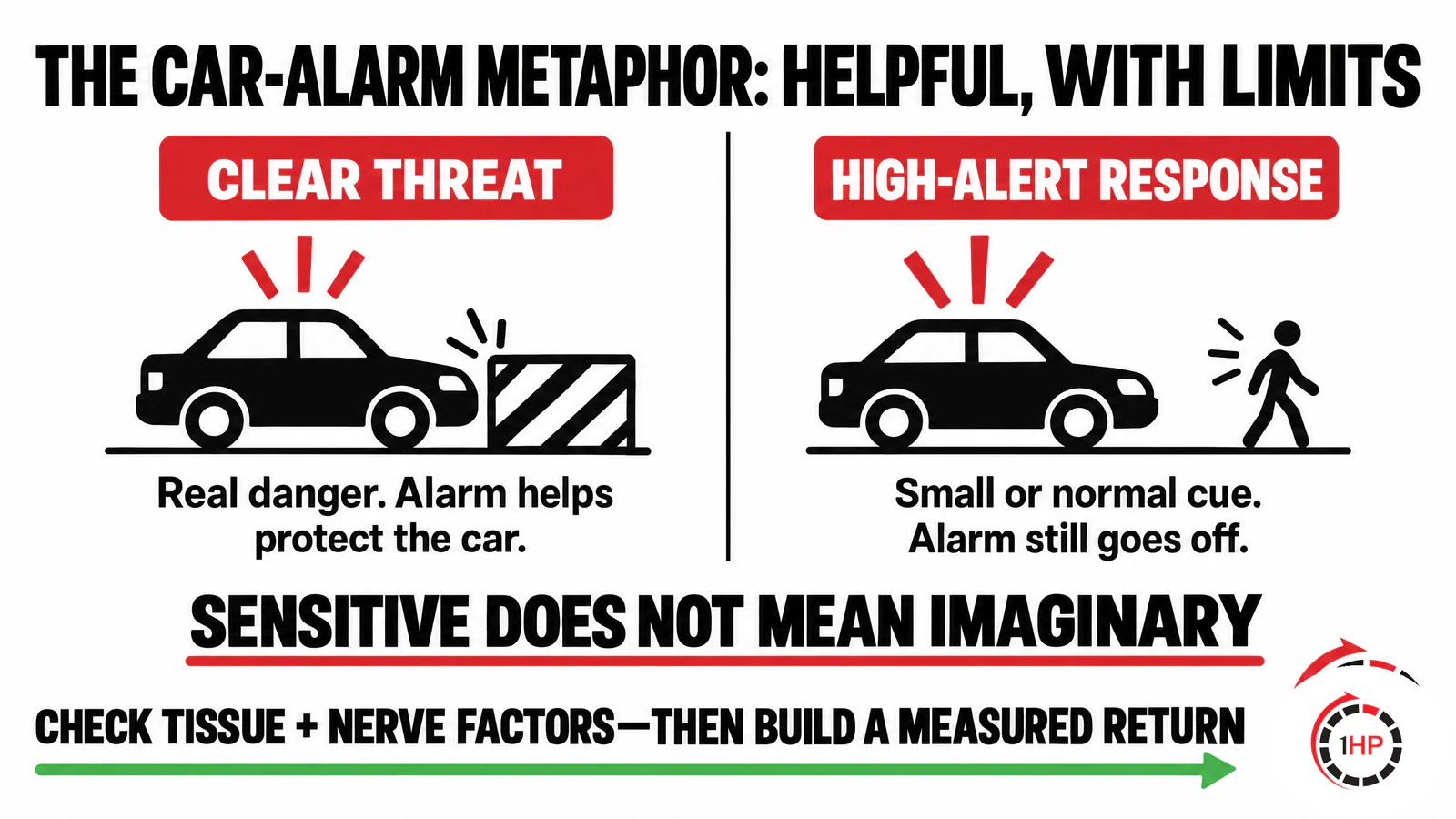 Persistent pain and central sensitization central sensitization and chronic pain car-alarm comparison graphic showing an alarm that responds to clear danger and an alarm that may react to a lower-level cue.