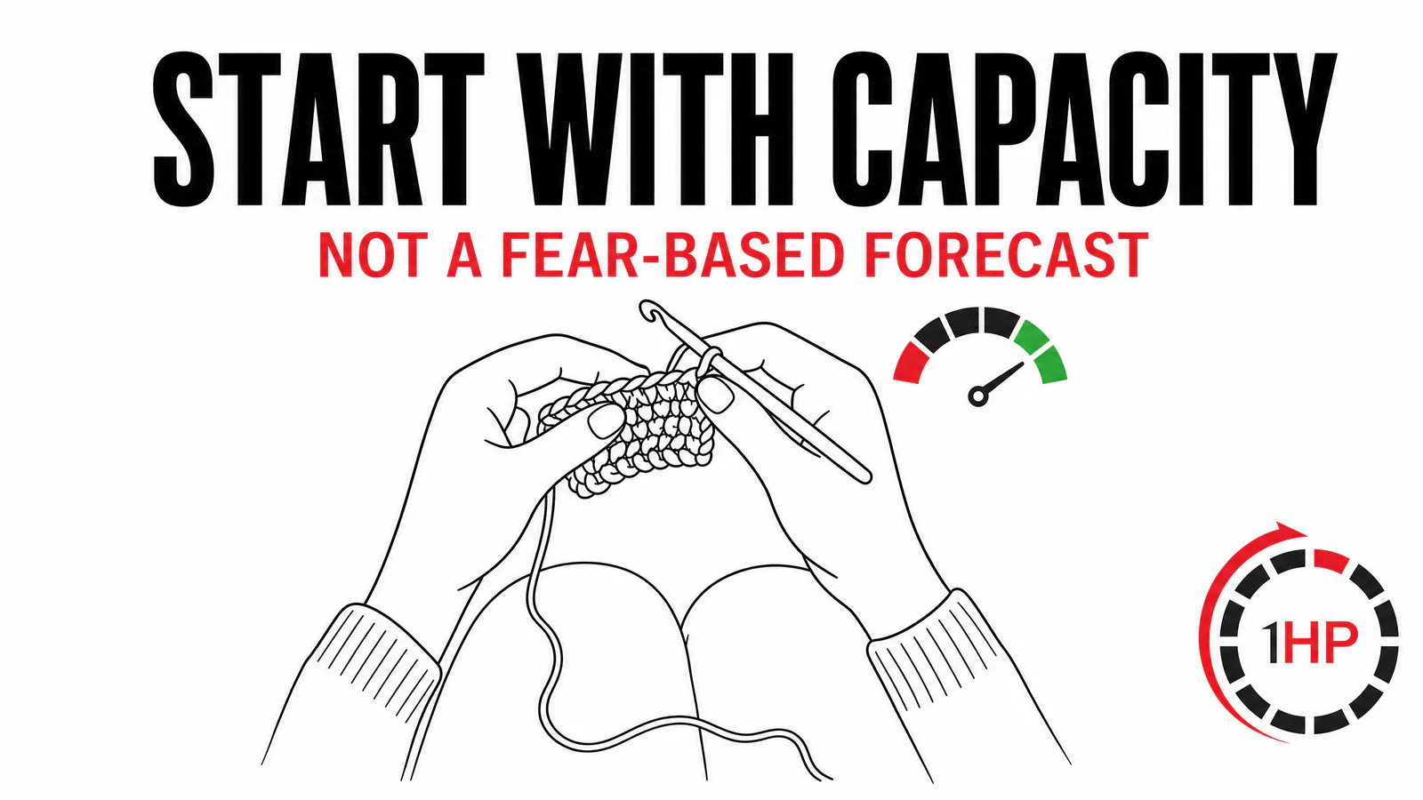 Repetitive strain injury recovery illustration showing a crocheter choosing a measured capacity plan instead of quitting