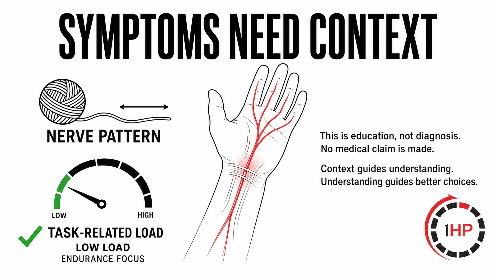 Repetitive strain injury recovery wrist anatomy graphic distinguishing median nerve symptoms from load-related tendon capacity concerns