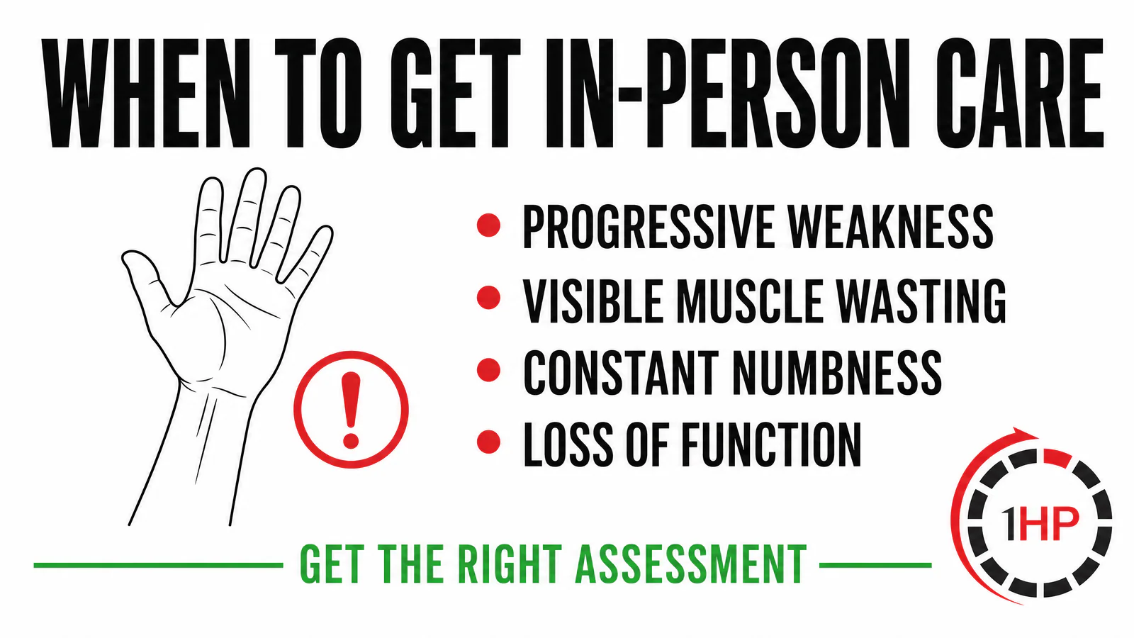 Repetitive strain injury recovery medical caution graphic listing progressive weakness, muscle wasting, constant numbness, and loss of function as reasons for in-person assessment