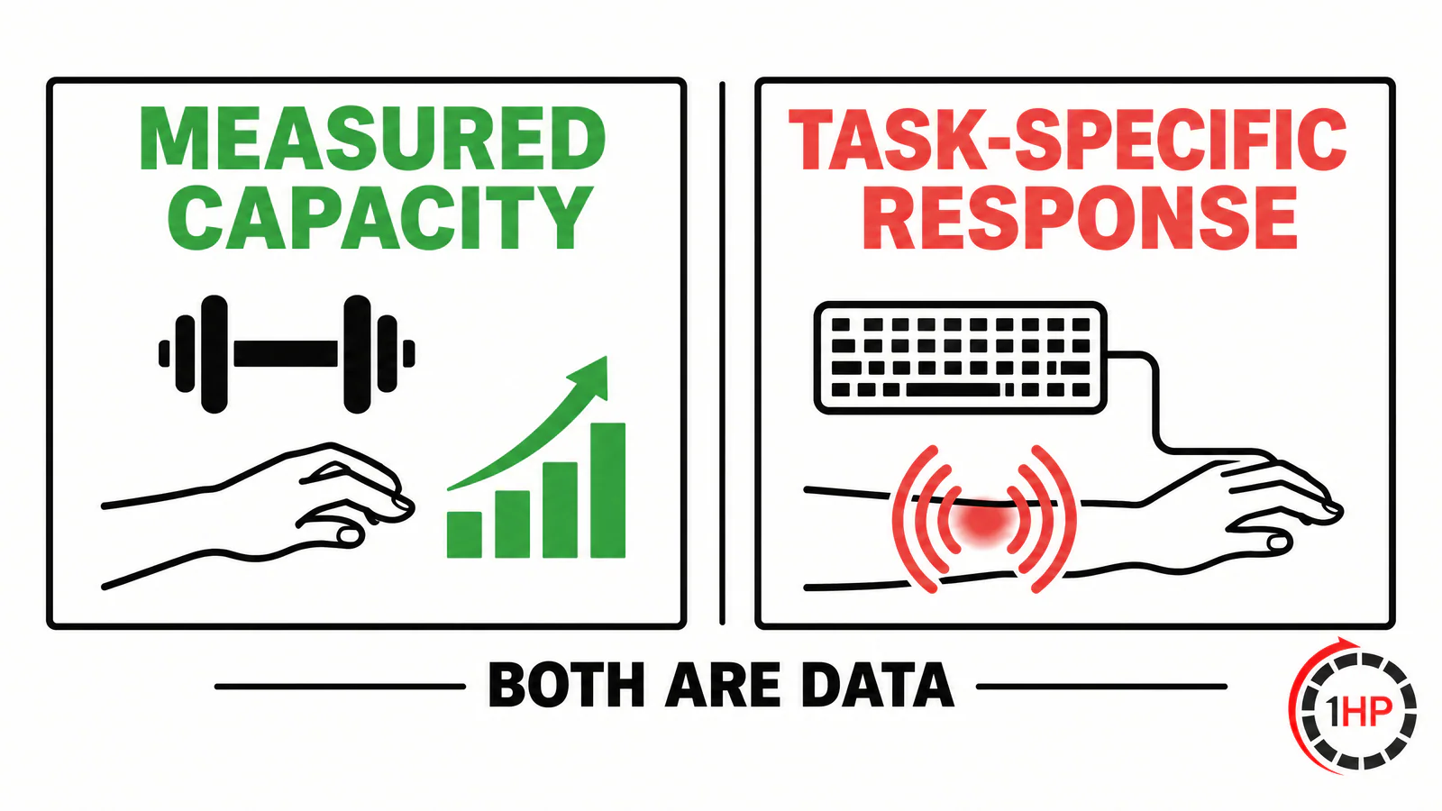 Sensitization and RSI pain graphic contrasting measured physical capacity with a task-specific threat response