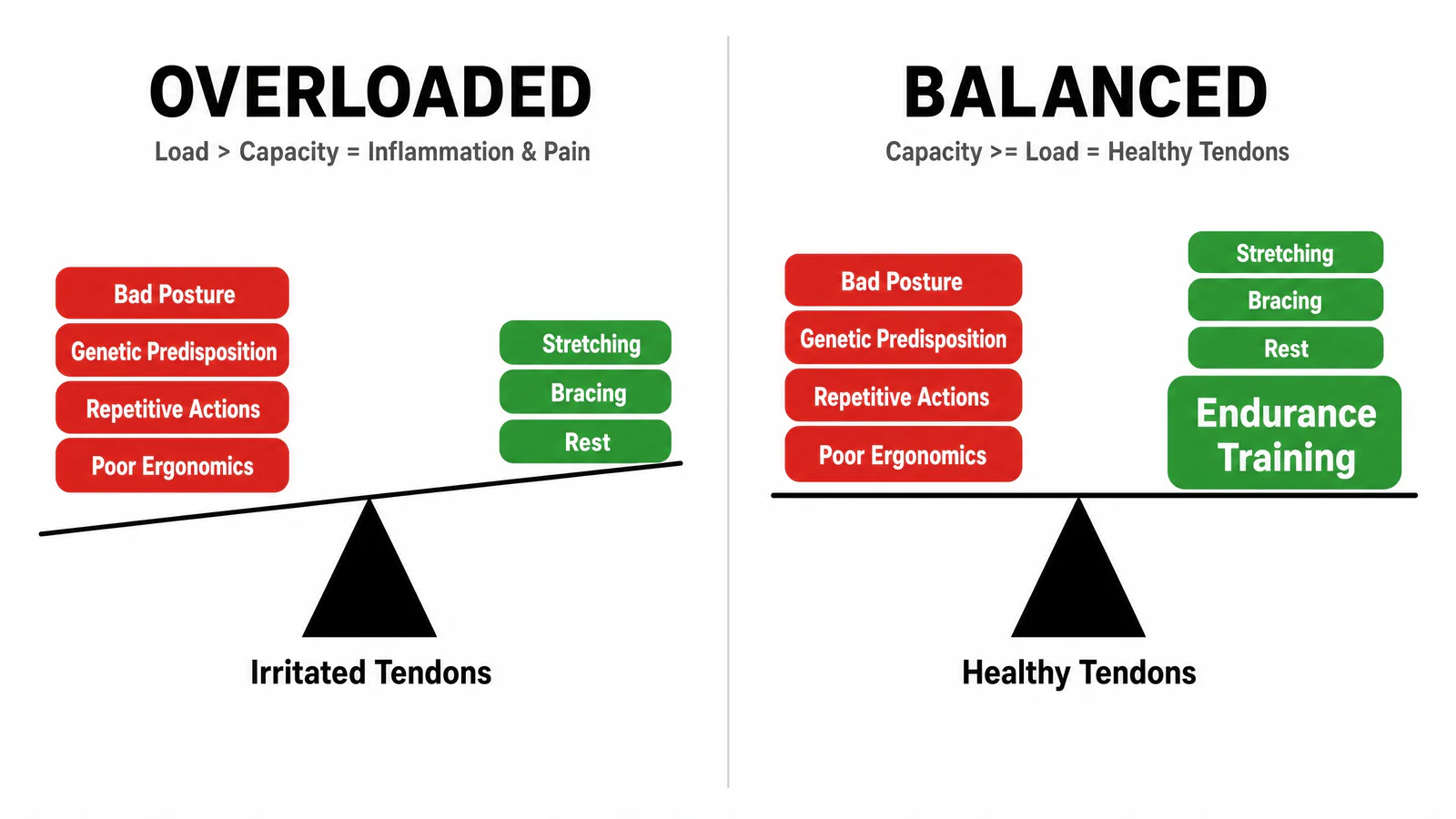 RSI equation balance scale comparing Overloaded tendons vs Balanced healthy tendons with endurance training