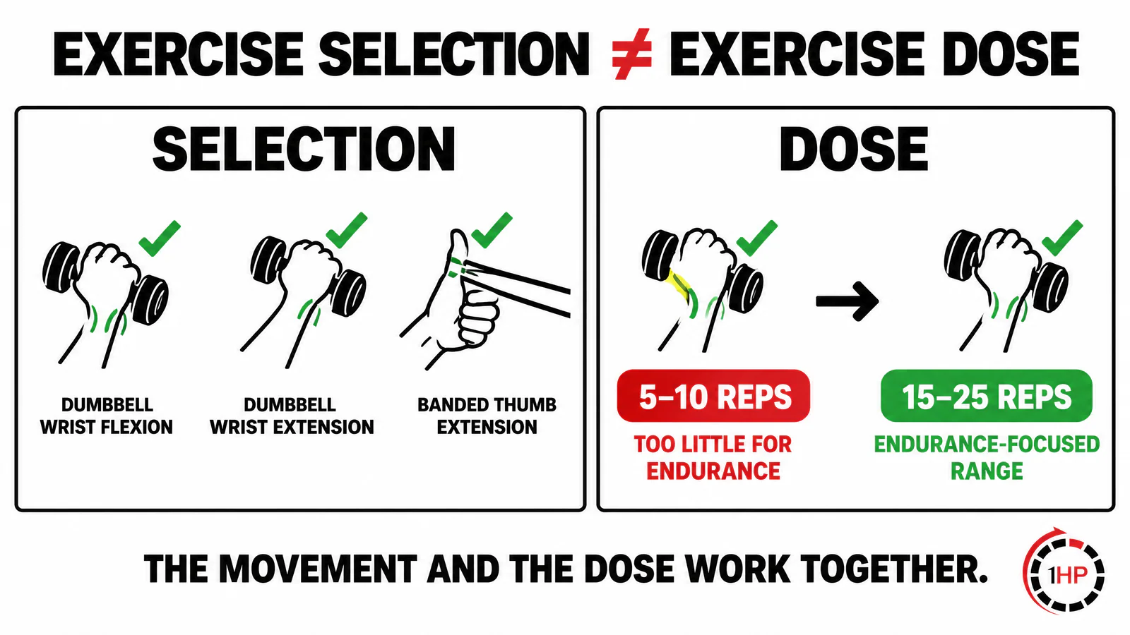 RSI exercises infographic distinguishing exercise selection from endurance-focused prescription